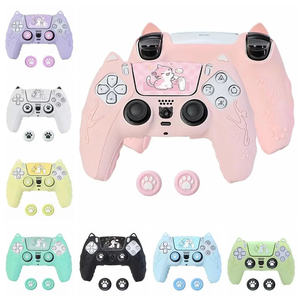 Cute Cat Paw Silicone Controller Cover Set for PS5 with Thumb Grips & Stickers